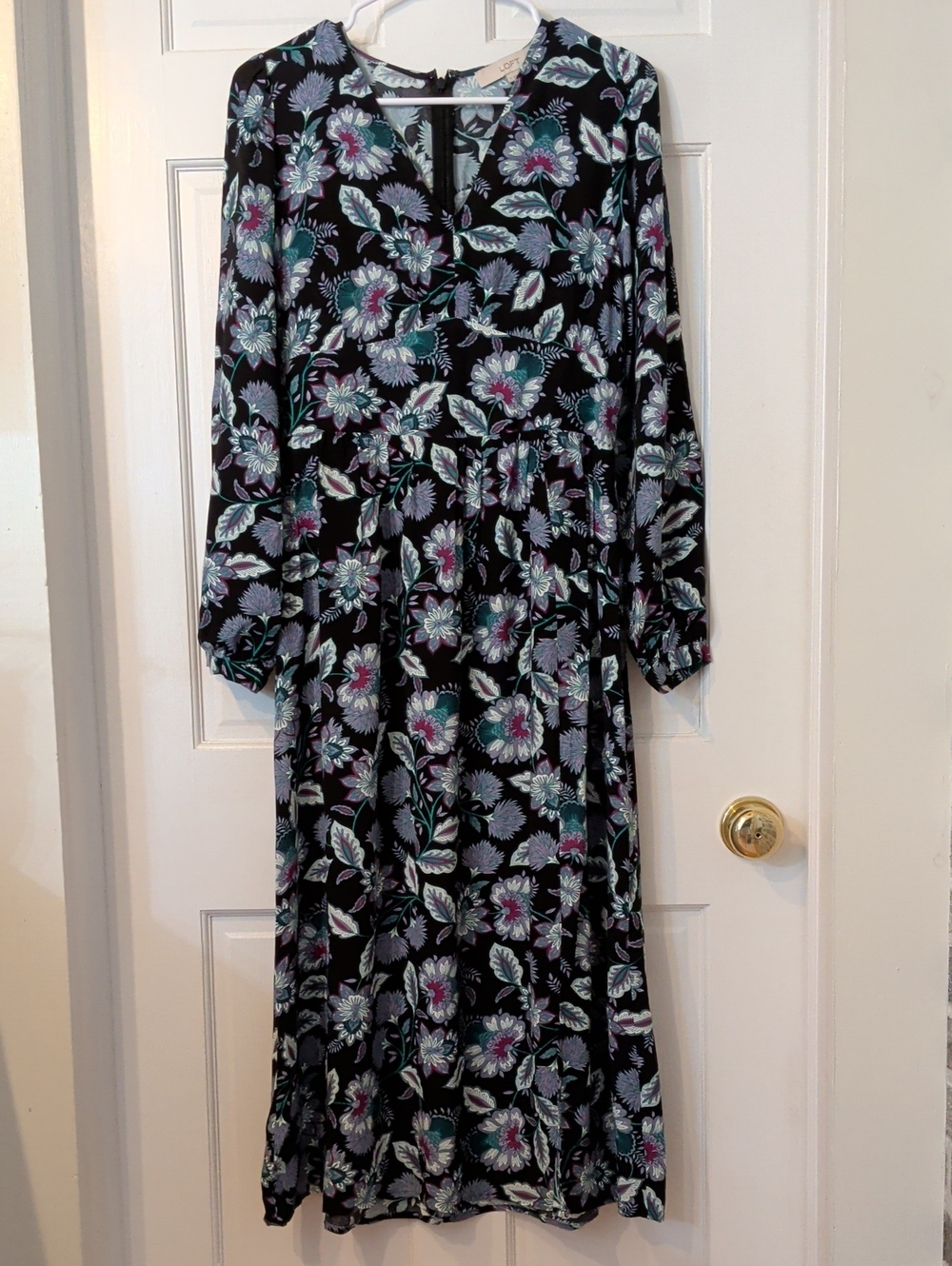LOFT Black Floral V-Neck Long-Sleeve Midi Dress with Teal & Lavender Accents